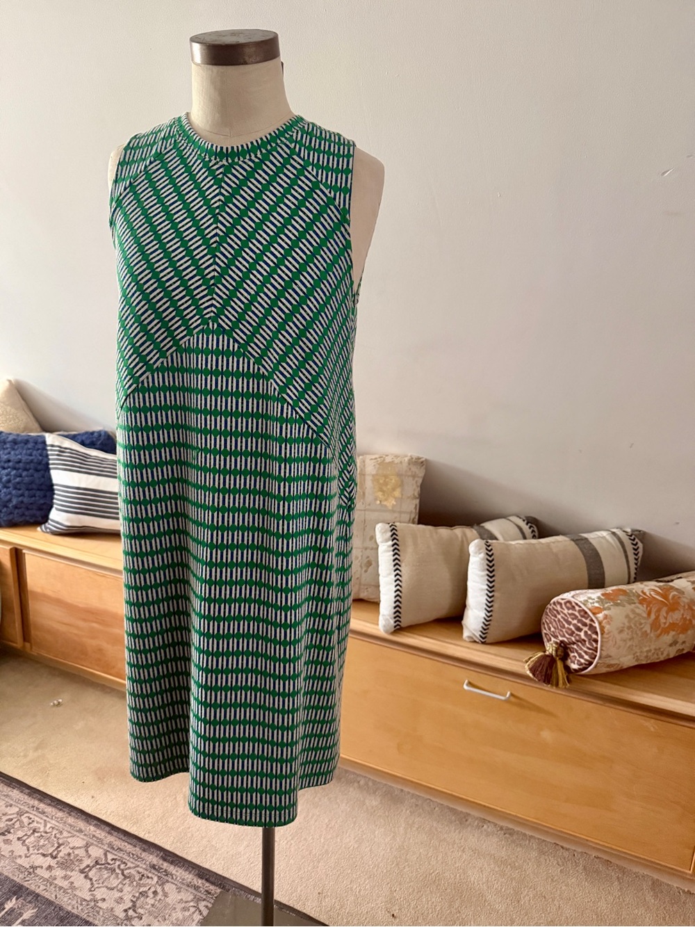 Anthropologie Green and White Sleeveless Geometric Midi Dress - Picture 3 of 7